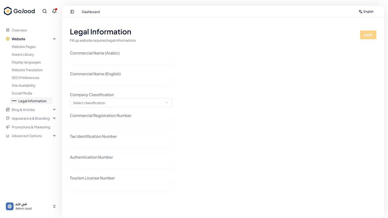 Legal information settings in JoodCMS