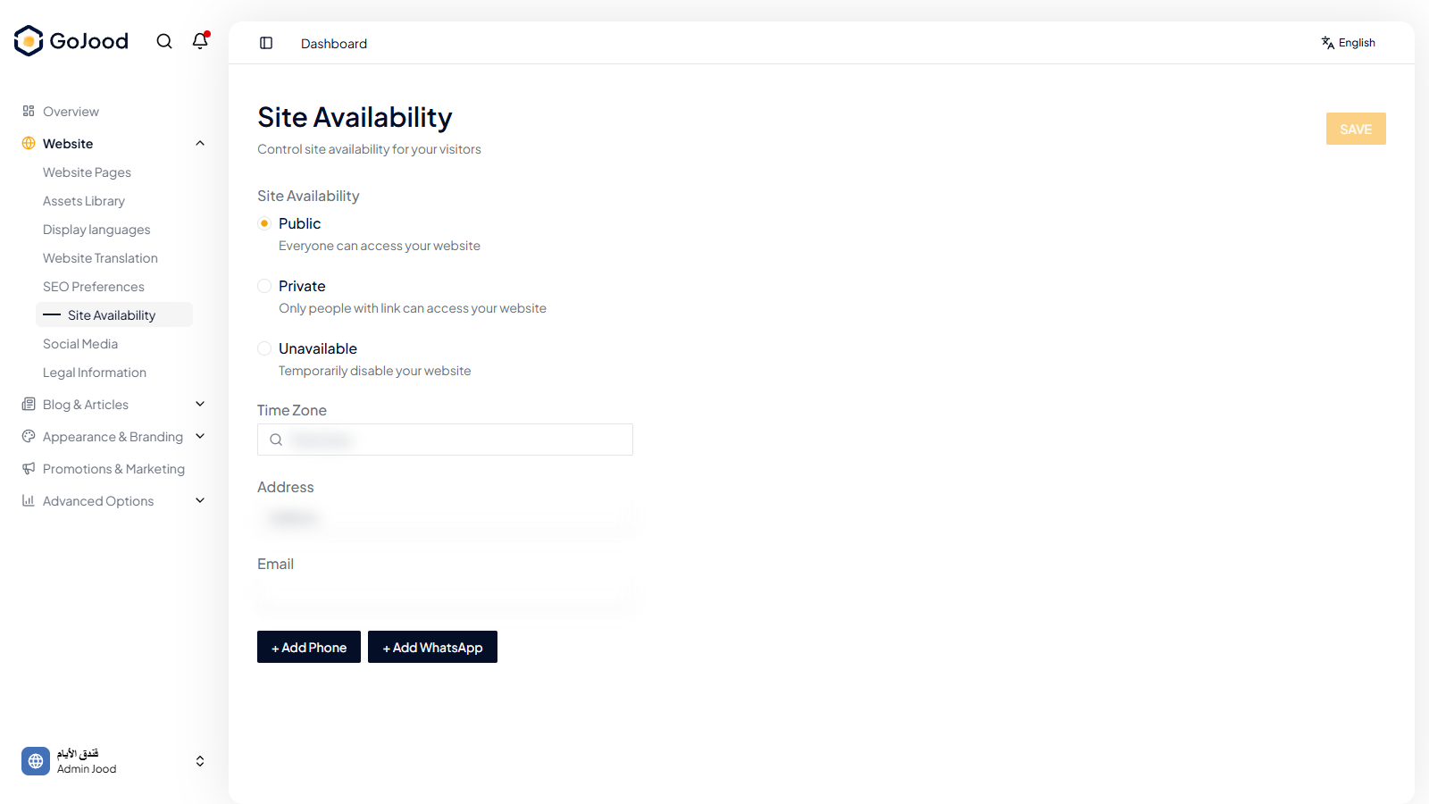 Site availability settings in JoodCMS