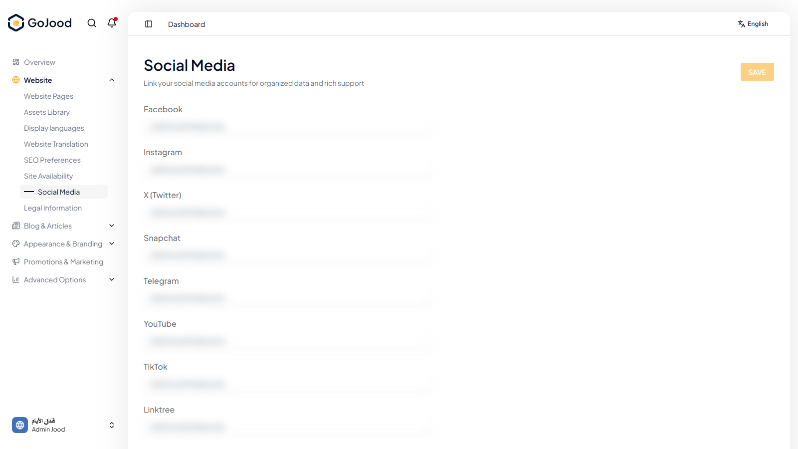 Social media links settings in JoodCMS